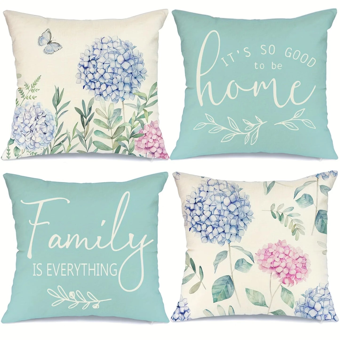 Nutshell home decor cushion cover set with floral and inspirational quote designs in soft blue and cream colors