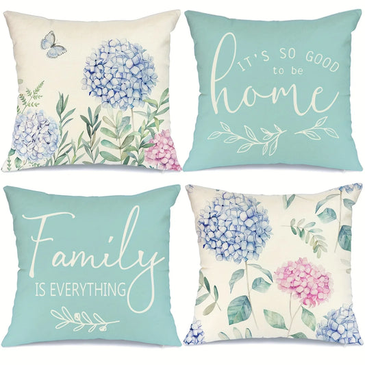 Nutshell home decor cushion cover set with floral and inspirational quote designs in soft blue and cream colors