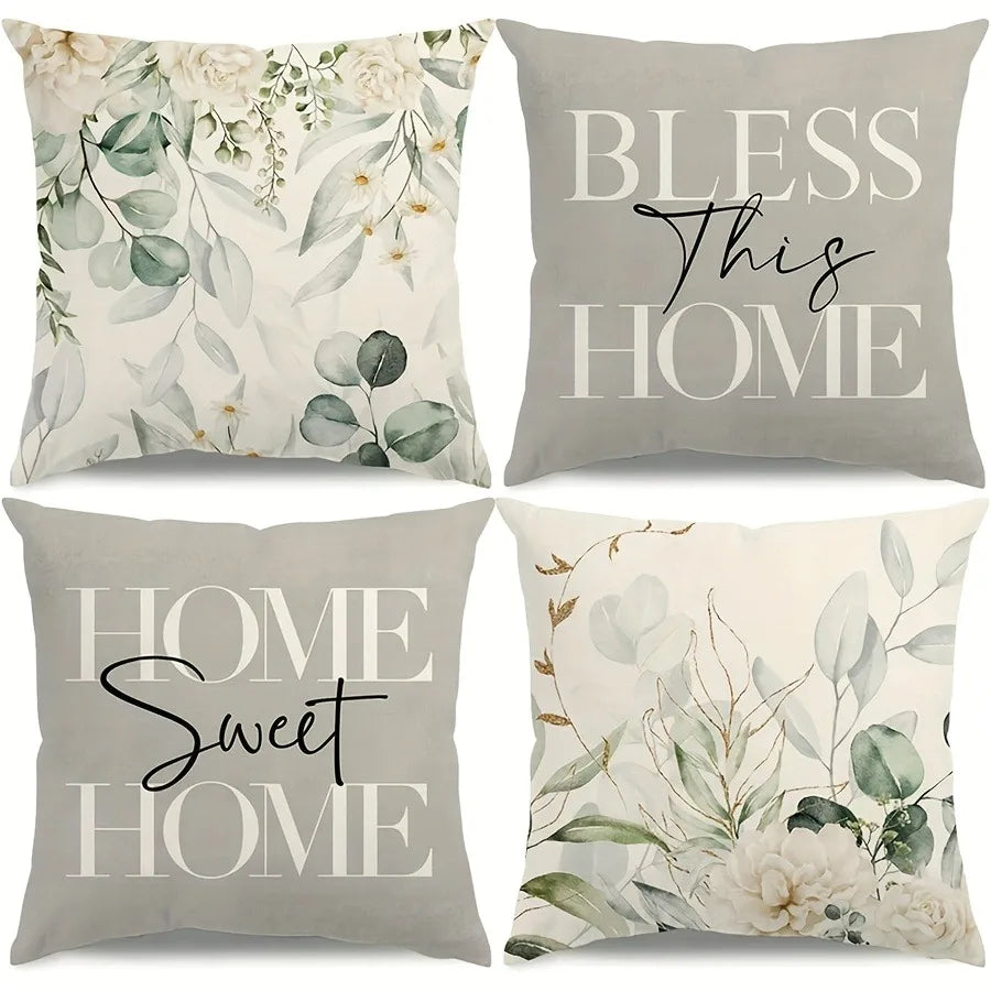 Decorative cushion collection featuring Home Sweet Home Pillow Cases with floral designs and greenery