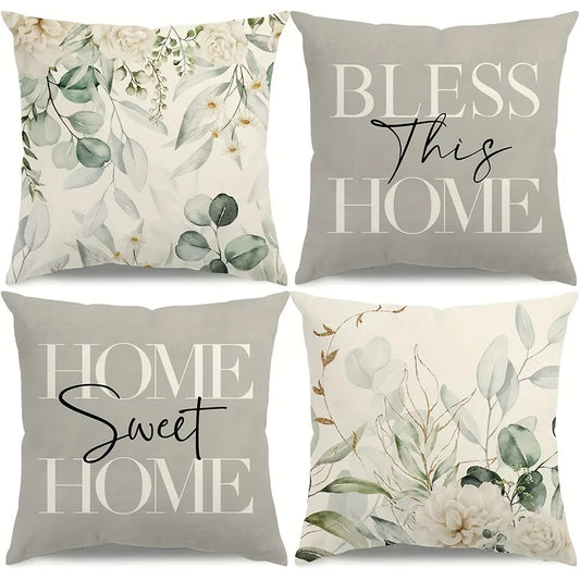 Decorative cushion collection featuring Home Sweet Home Pillow Cases with floral designs and greenery