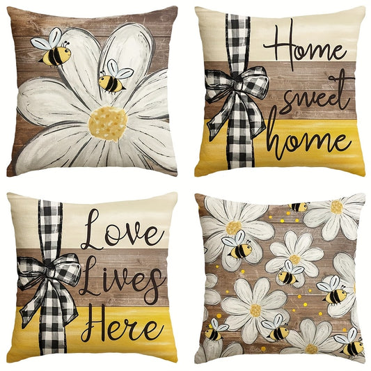 Set of decorative cushions featuring flowers and bees with home sweet home sofa decor design