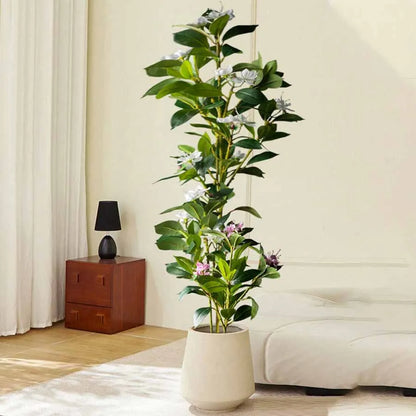Nutshell realistic artificial magnolia tree for living room tall potted faux magnolia with white blooms beside sofa