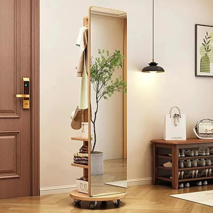 Nutshell Rotating Full Length Mirror wood frame with built in shelves hooks and casters for entryway storage