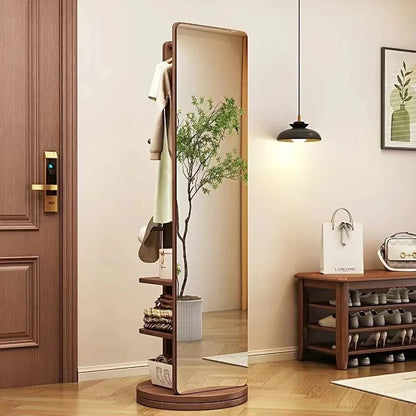 Nutshell Rotating Full Length Mirror in walnut finish with built in shelves hooks and shoe storage