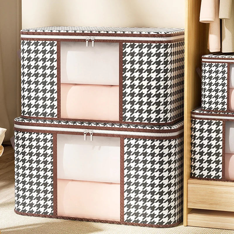 Nutshell houndstooth fabric dust proof organizer box with clear window and zipper, stacked holding folded blankets