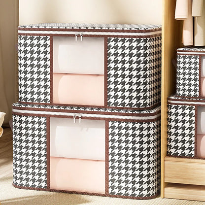Nutshell houndstooth fabric dust proof organizer box with clear window and zipper, stacked holding folded blankets