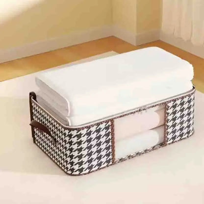 Nutshell houndstooth fabric dust proof organizer box with clear window and handles holding folded white linens