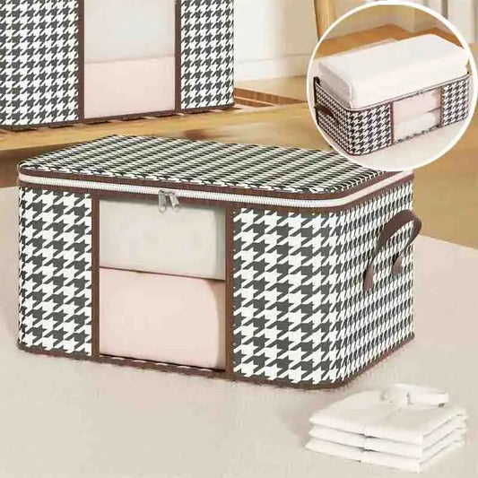 Nutshell houndstooth fabric storage box with zipper handles and clear window dust proof organizer box for folded clothes