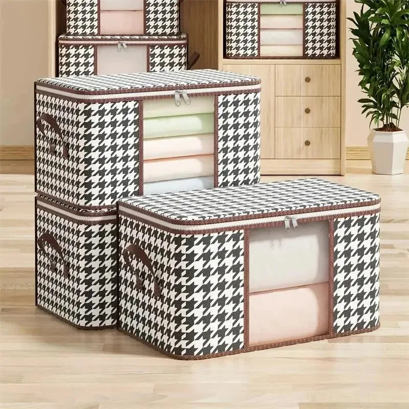 Nutshell houndstooth fabric storage set of three dust proof organizer box with clear window showing folded linens