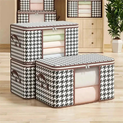 Nutshell houndstooth fabric storage set of three dust proof organizer box with clear window showing folded linens