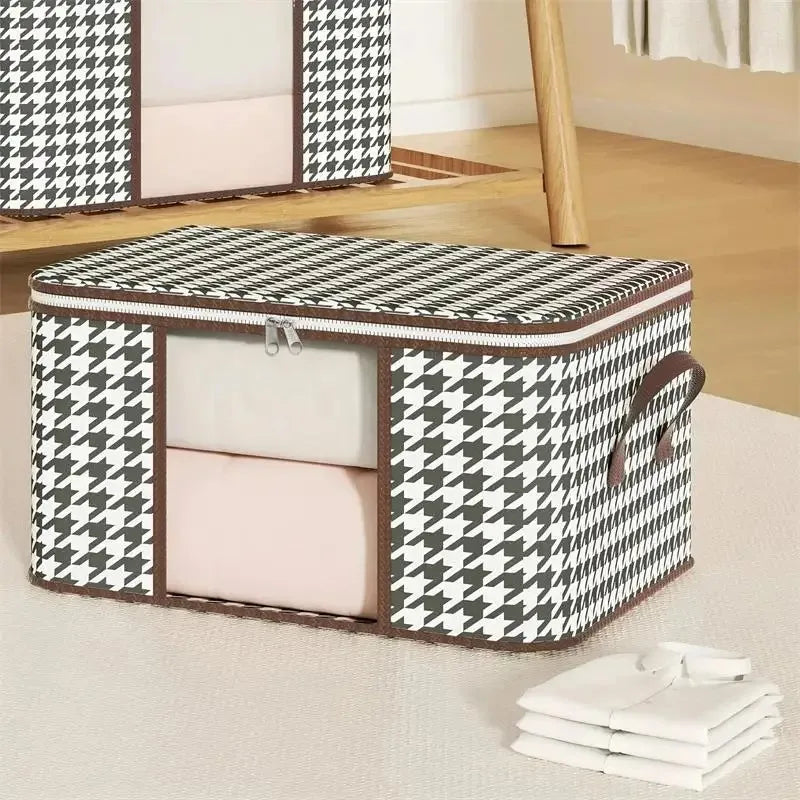 Nutshell houndstooth fabric storage box with zipper and window showing folded clothes dust proof organizer box for closet storage
