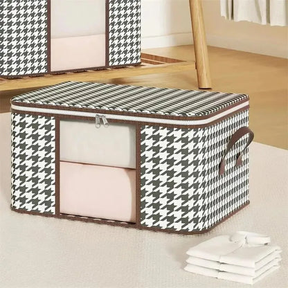 Nutshell houndstooth fabric storage box with zipper and window showing folded clothes dust proof organizer box for closet storage