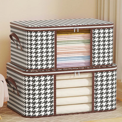 Nutshell houndstooth fabric storage with clear window and zipper handles dust proof organizer box for folded linens