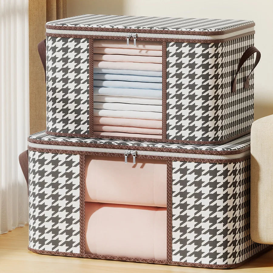 Nutshell dust proof organizer box set of two houndstooth zippered storage bins with clear front windows showing folded linens