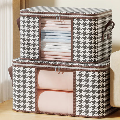 Nutshell dust proof organizer box set of two houndstooth zippered storage bins with clear front windows showing folded linens