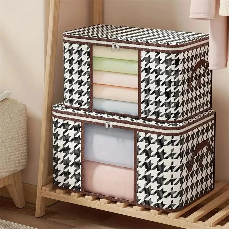 Nutshell dust proof organizer box set of two black and white houndstooth fabric storage boxes with clear front window