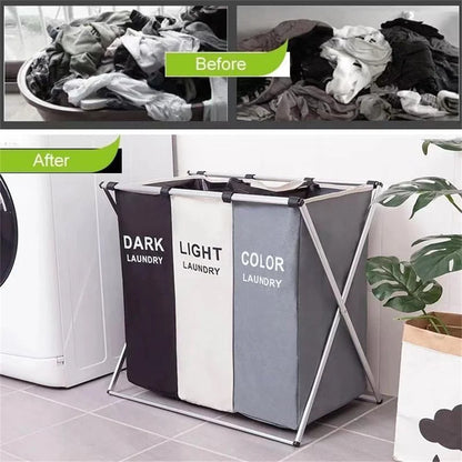 Nutshell 3 grid laundry hamper with three labeled bins dark light color on foldable metal frame for sorting