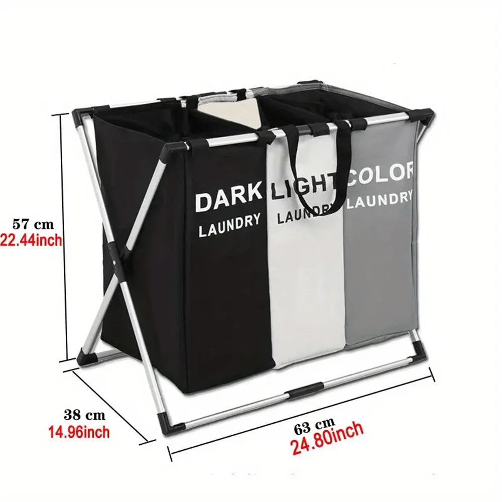 Nutshell 3 grid laundry hamper with three labeled compartments dark light color for easy sorting of clothes