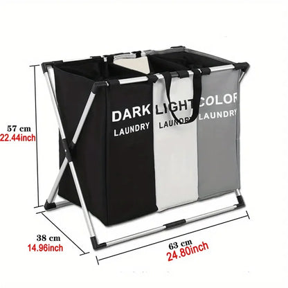 Nutshell 3 grid laundry hamper with three labeled compartments dark light color for easy sorting of clothes