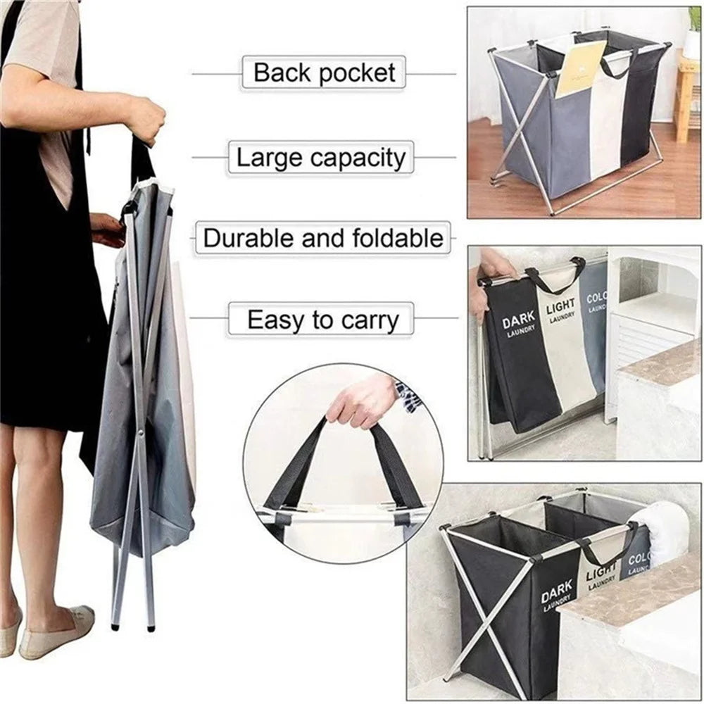 Nutshell 3 grid laundry hamper foldable tri compartment sorter with handles collapsible metal frame