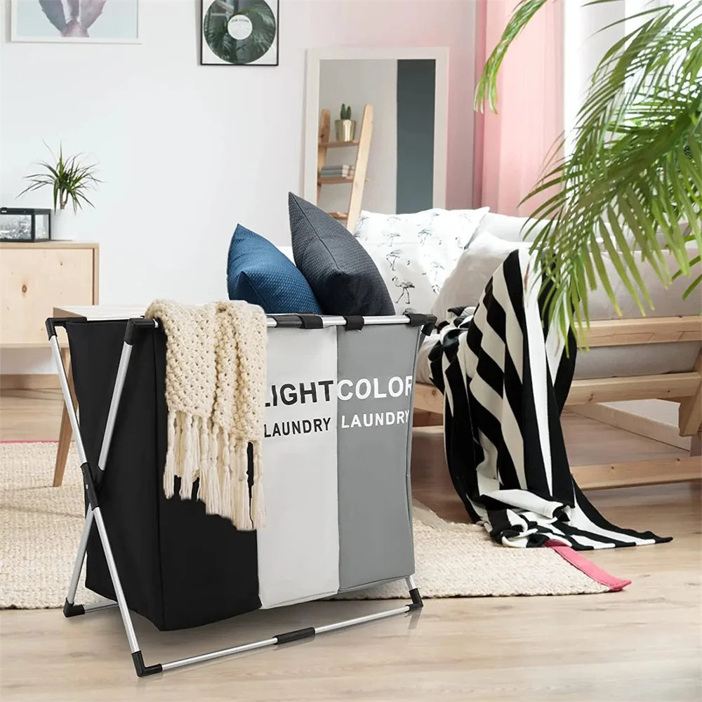 Nutshell 3 grid laundry hamper in black gray and light gray with metal frame for sorting clothes at home