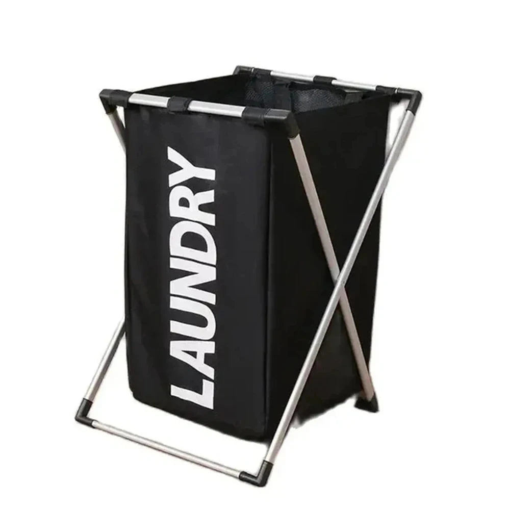 Nutshell 3 grid laundry hamper black collapsible crossed metal frame with large fabric bag and bold LAUNDRY print