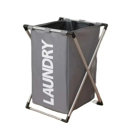 Nutshell 3 grid laundry hamper gray fabric rectangular hamper with metal X frame and LAUNDRY print