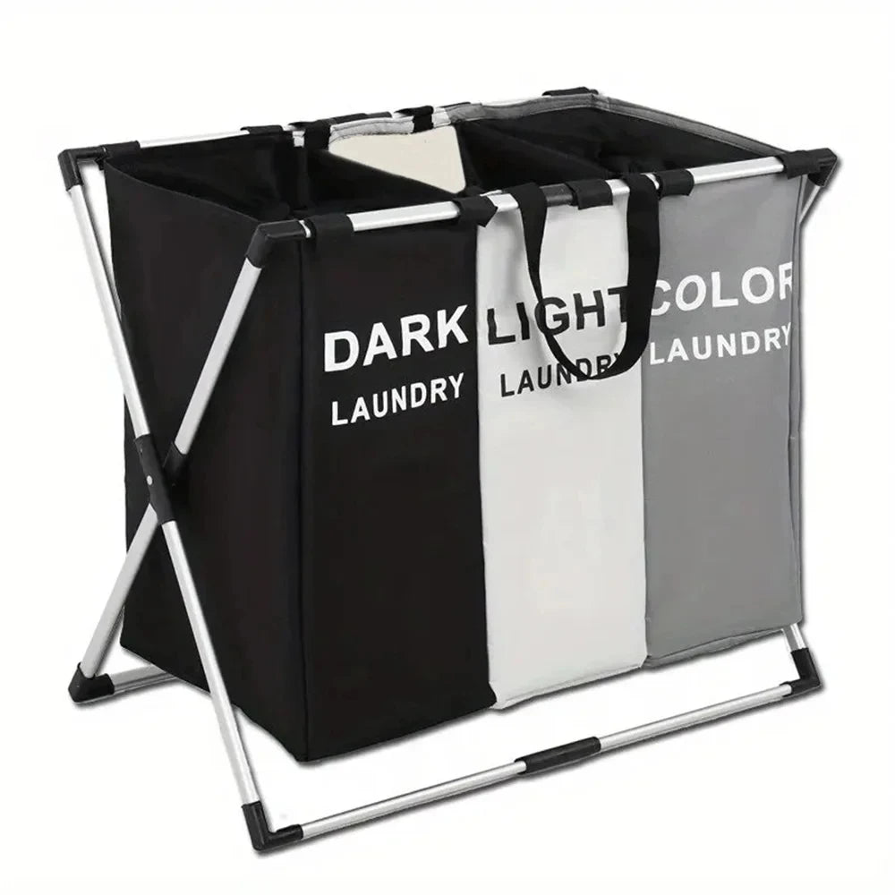 Nutshell 3 grid laundry hamper with three labeled black white gray bins folding metal frame and handles for sorting laundry