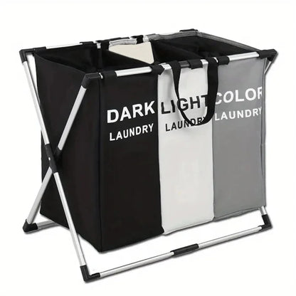 Nutshell 3 grid laundry hamper with three labeled black white gray bins folding metal frame and handles for sorting laundry