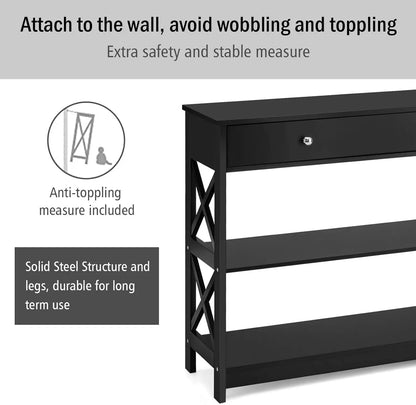 Nutshell black 3-Tier Console Table with single drawer two lower shelves X side panels solid steel legs and anti tipping strap