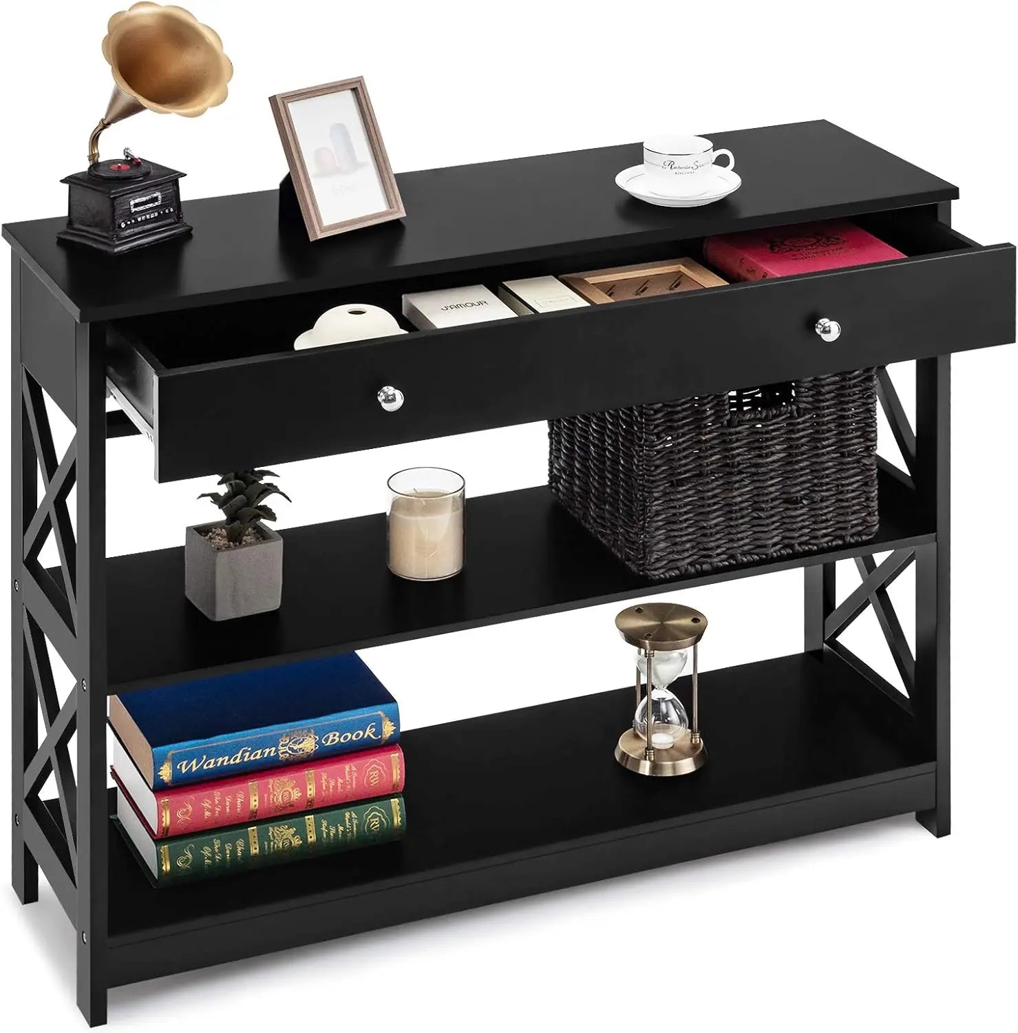 Nutshell 3-Tier Console Table in black with drawer open two shelves X side panels and wicker basket