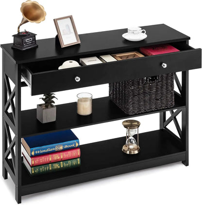 Nutshell 3-Tier Console Table in black with drawer open two shelves X side panels and wicker basket