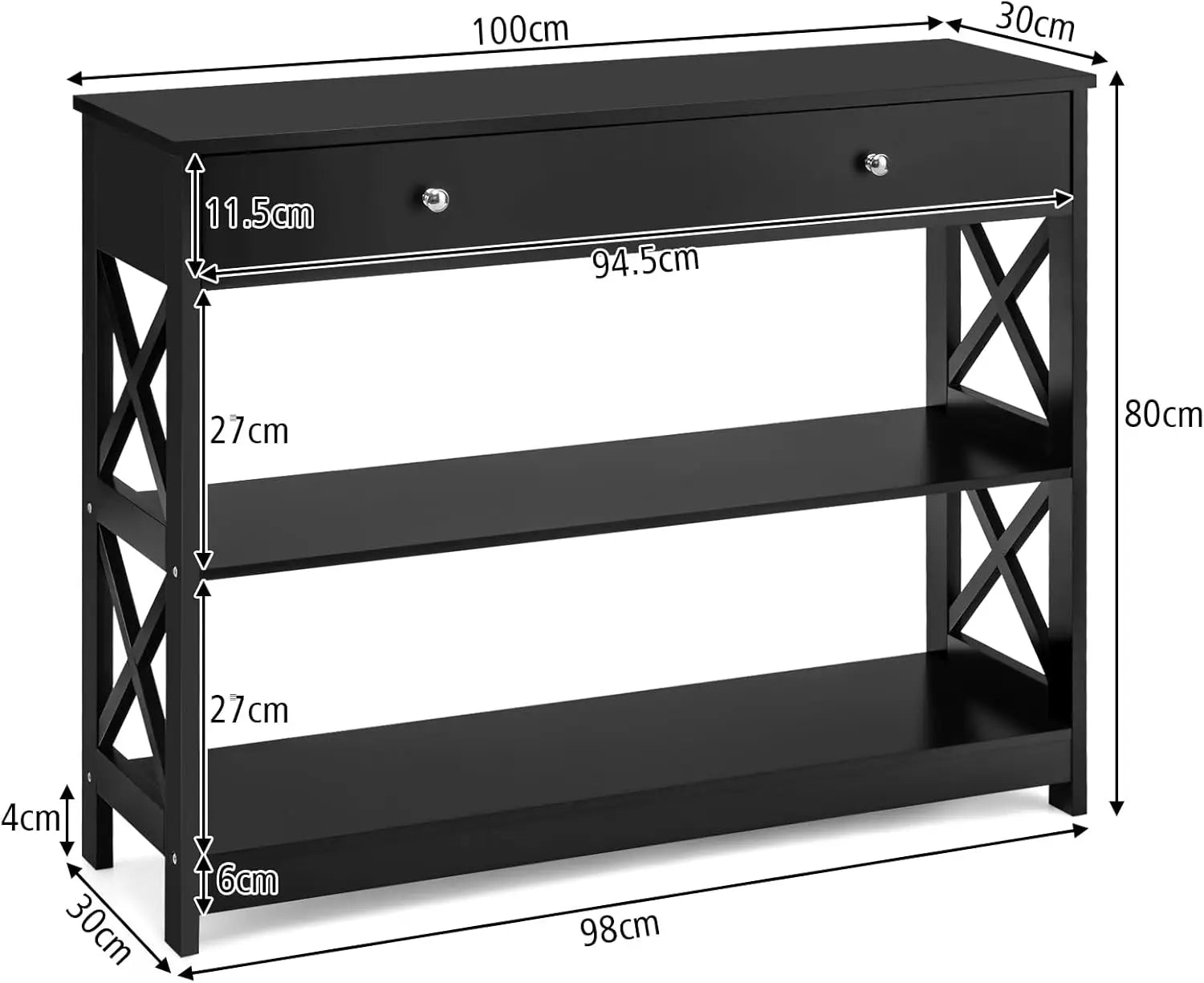 Nutshell 3-Tier Console Table in black with single top drawer two open shelves and X cross side panels