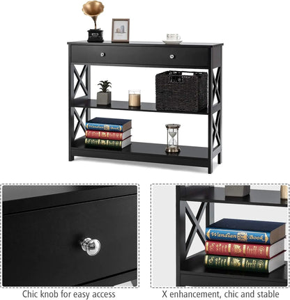 Nutshell black wood 3-Tier Console Table with drawer knob X-frame sides and open lower shelves