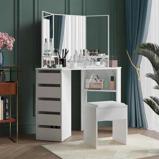Nutshell Corner Vanity Desk 5 Drawers white makeup station with tri fold mirror and cushioned stool