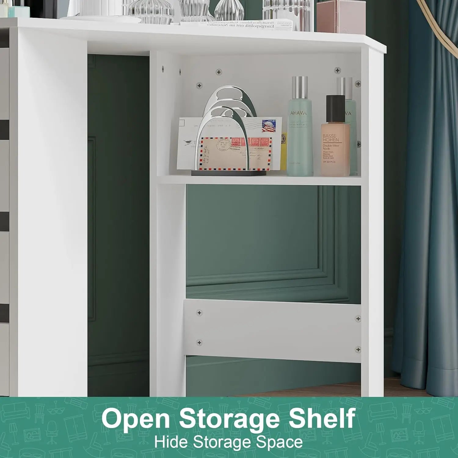 White Nutshell Corner Vanity Desk 5 Drawers open storage shelf holding skincare bottles mirror and cards