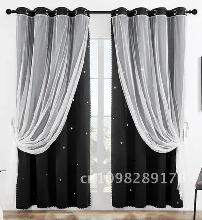 Nutshell Double Layer Sheer Star Curtains black blackout panels with white sheer overlay and star accents