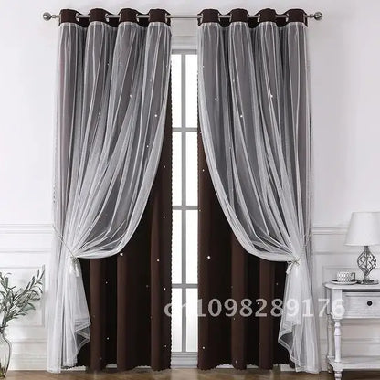 Nutshell Double Layer Sheer Star Curtains brown blackout panels with white sheer star overlay and grommet top hanging