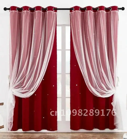 Nutshell Double Layer Sheer Star Curtains red blackout panels with white sheer overlay and star accents