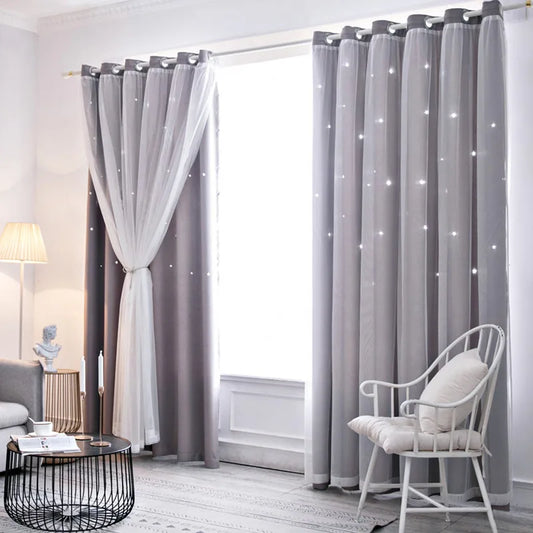 Nutshell Double Layer Sheer Star Curtains gray blackout panels with white sheer overlay and twinkling star lights
