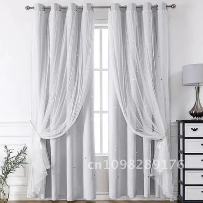 Nutshell Double Layer Sheer Star Curtains white sheer with tiny stars over gray blackout panels with grommet top