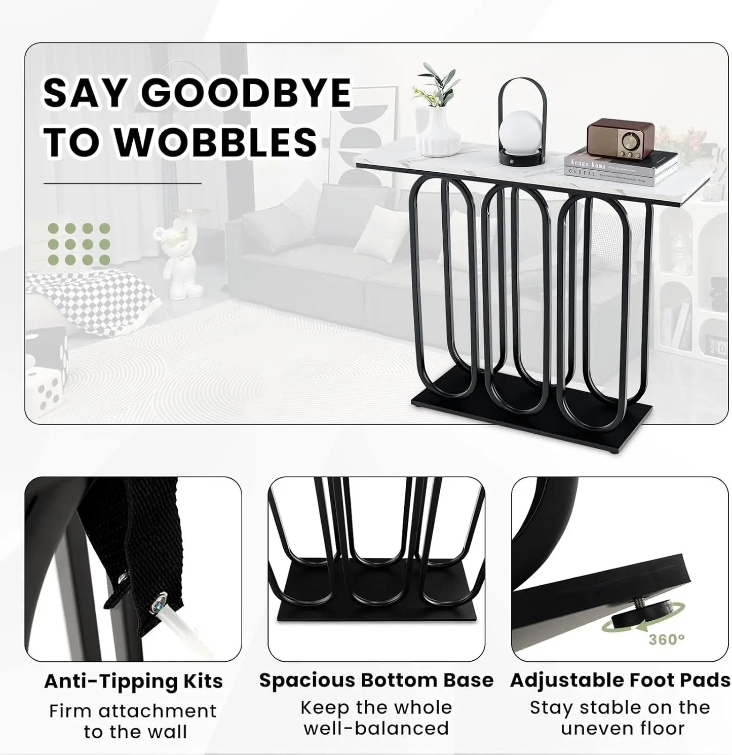 Nutshell faux marble console table with white top black looped metal base adjustable foot pads and anti tipping kits