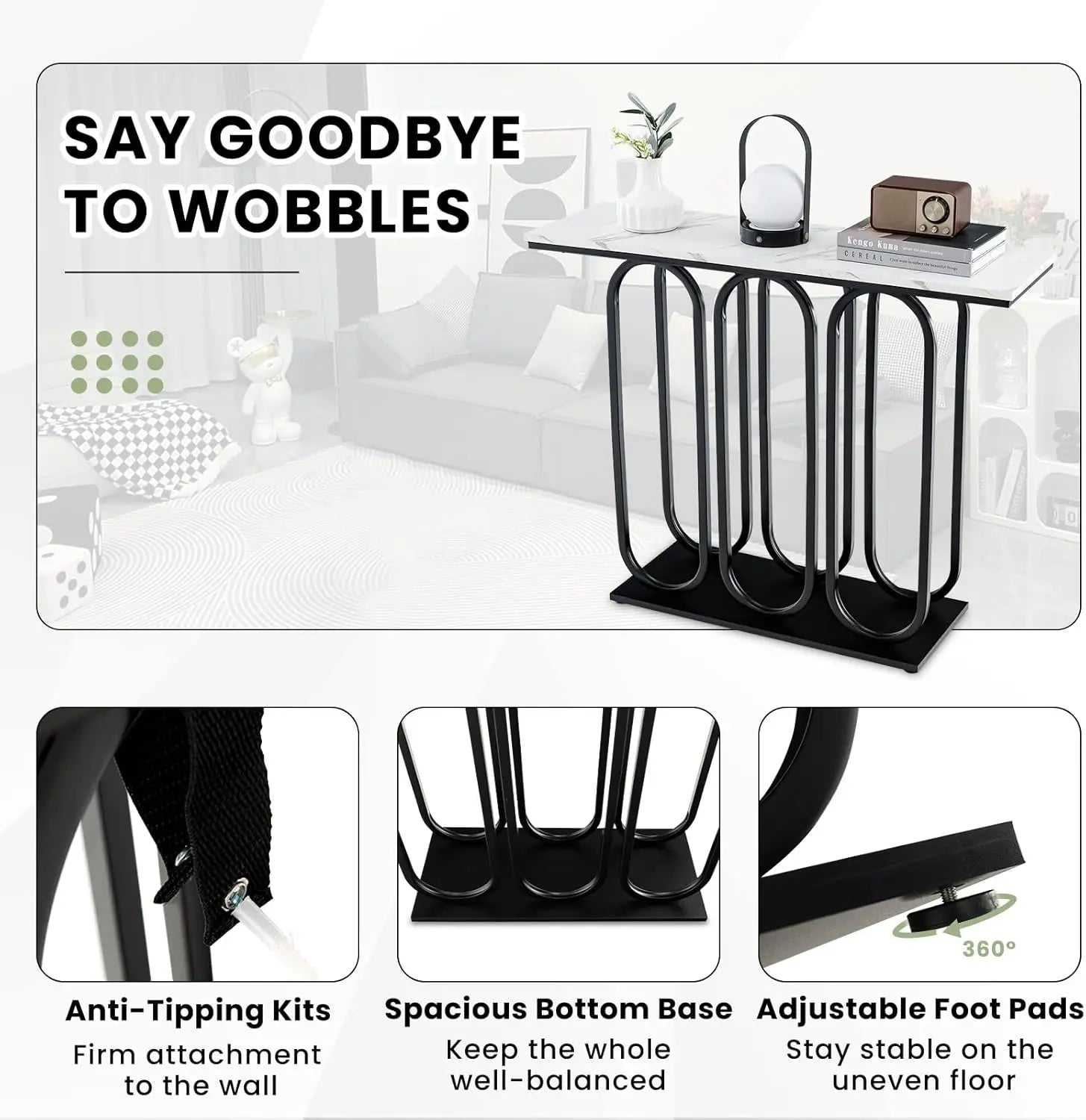 Nutshell faux marble console table with white top black looped metal base adjustable foot pads and anti tipping kits