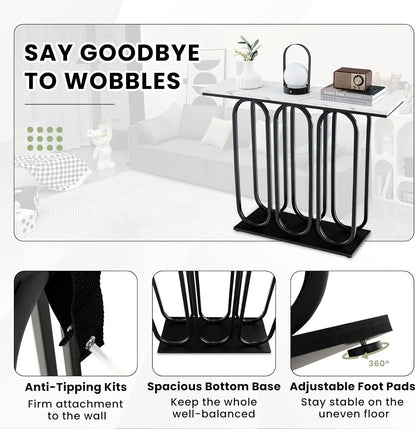 Nutshell faux marble console table with white top black looped metal base adjustable foot pads and anti tipping kits