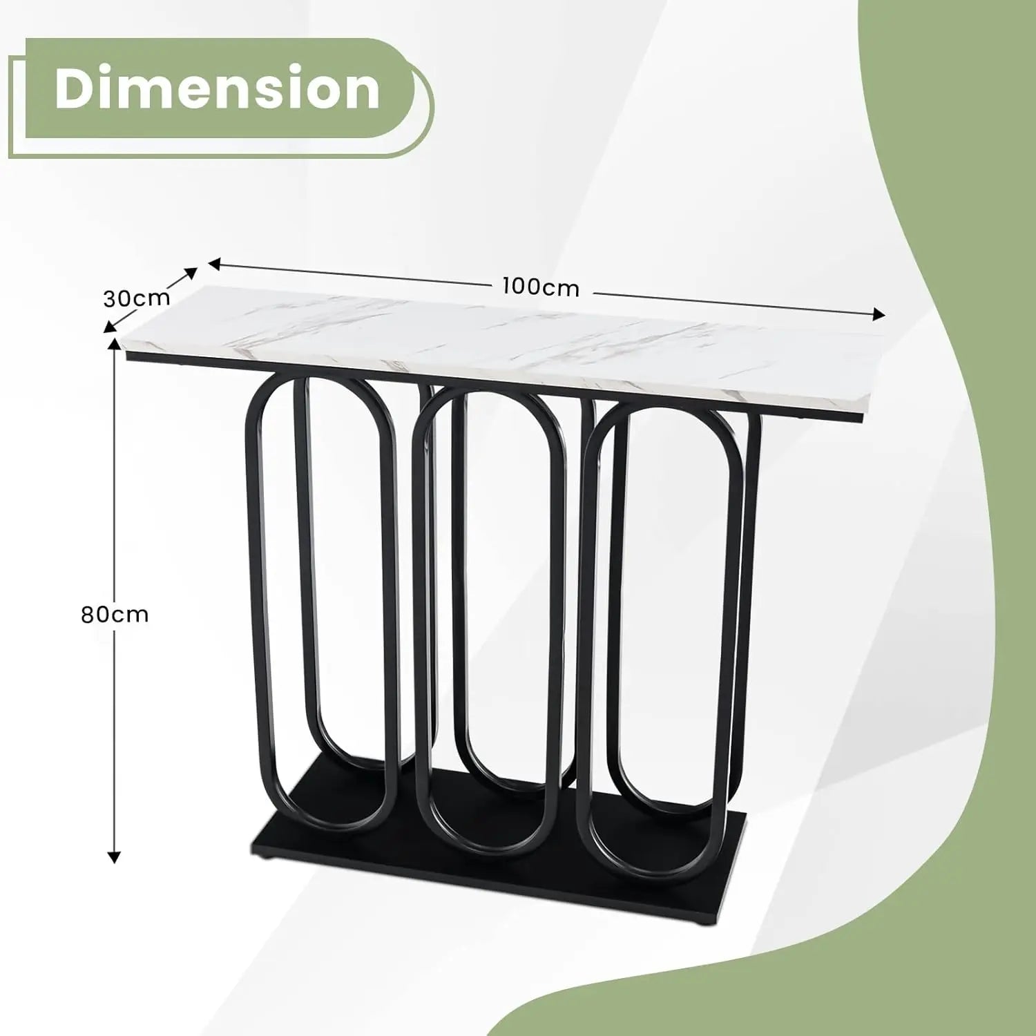 Nutshell faux marble console table with white faux marble top and black metal loop base 100cm x 30cm x 80cm