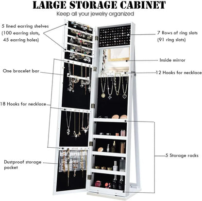 Nutshell white full length mirror jewelry cabinet with interior hooks shelves ring slots and dustproof pocket