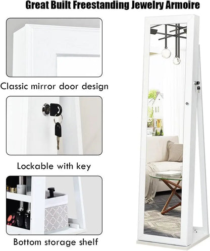 Nutshell full length mirror jewelry cabinet freestanding white armoire with lockable mirrored door and bottom shelf storage