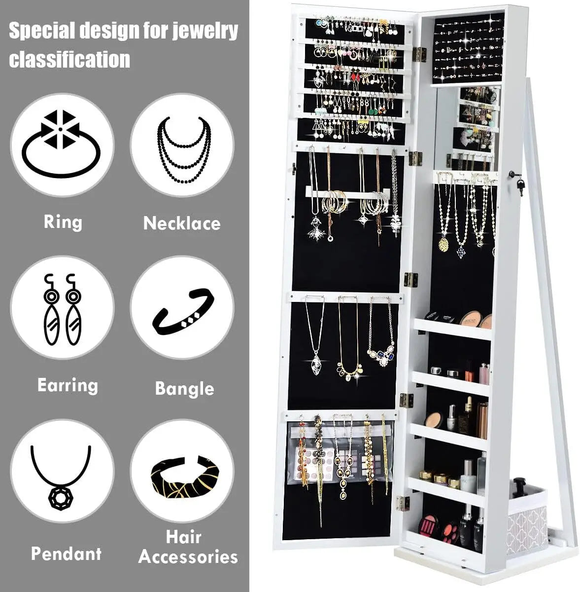 Nutshell full length mirror jewelry cabinet open showing black interior with hooks shelves mirror and stored jewelry