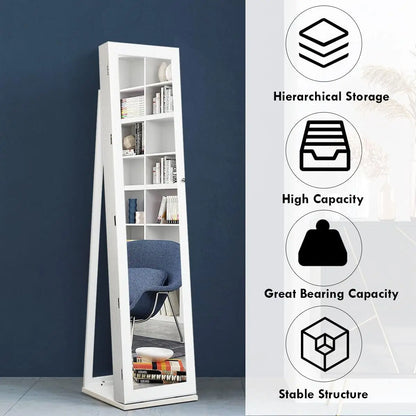 Nutshell full length mirror jewelry cabinet white freestanding mirror with internal shelves and support stand