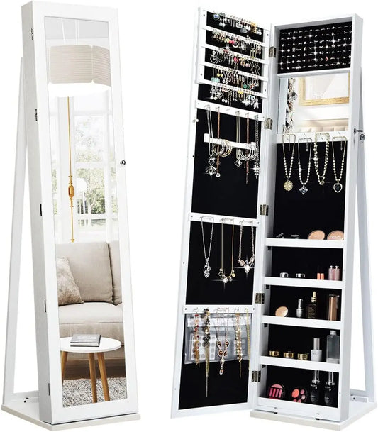 Nutshell white full length mirror jewelry cabinet with lockable door hooks shelves and earring panels